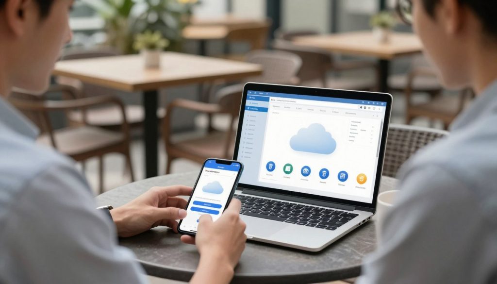 Venue manager accessing cloud software on laptop and phone simultaneously