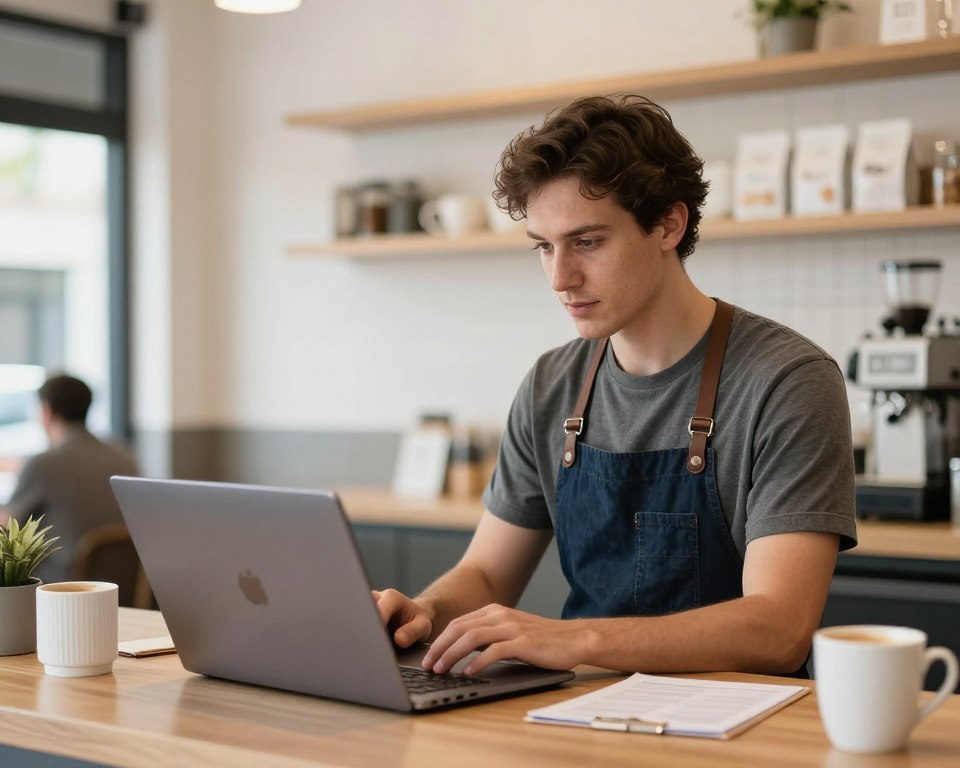 café owner reviewing supplier purchasing data