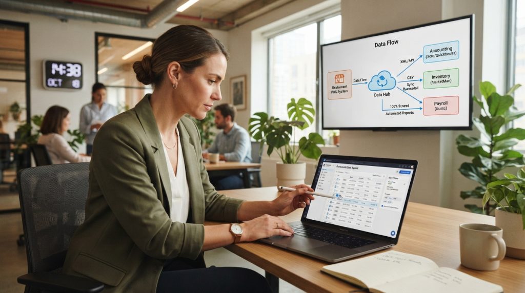 A modern office setting showcasing the theme of "data export integration" for restaurant software. In the foreground, a professional businesswoman, dressed in smart casual attire, is intently examining a laptop screen displaying complex data files with various formats like CSV and XML icons. In the middle ground, a large monitor portrays visual representations of data flow diagrams, with arrows indicating successful integrations. The background features a clean, well-lit office space with potted plants and a digital clock, creating a productive atmosphere. Soft, diffused lighting emphasizes the focus on the screen while maintaining a warm and inviting mood. The angle is slightly elevated to capture both the person and the screens, without any text or watermarks in the image.