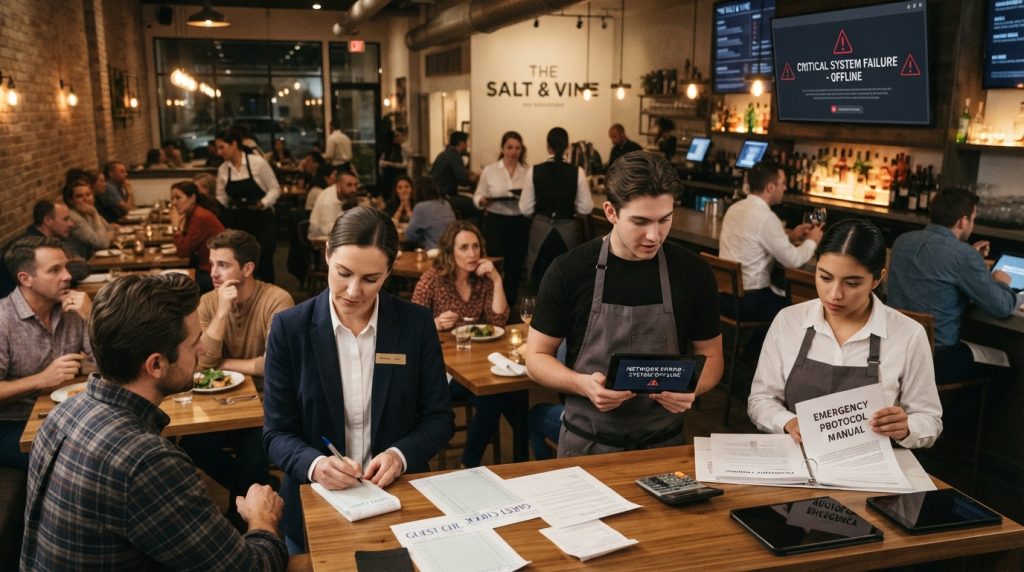A modern restaurant interior where staff are actively engaging in a systems failure protocol amidst a technical outage. In the foreground, a group of three restaurant employees in professional business attire, one is hand-writing orders on a notepad, another is using a tablet to assist customers, and the third is consulting a printed manual. The middle ground showcases tables with waiting customers, some looking concerned while others are engaged in conversation. In the background, a digital screen indicates a system error, dimming the warm ambient lighting of the restaurant. The atmosphere is urgent yet organized, a sense of teamwork is evident as the staff efficiently manages the situation. The scene is illuminated with soft overhead lighting, creating a balanced and warm environment. Capture this moment from a slightly elevated angle to highlight the organized chaos of a bustling dining experience in crisis.