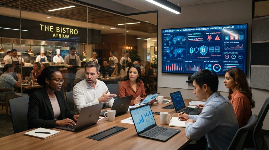 A modern restaurant's cyber security response plan visualized in a vibrant, tech-savvy office space. In the foreground, a diverse team of professionals dressed in smart business attire collaborates around a sleek conference table filled with digital devices, like laptops and tablets. In the middle, a large digital screen displays complex data analytics and cyber security icons, such as locks and shields, emanating a soft blue glow. In the background, glass walls showcase a bustling restaurant environment, hinting at operational continuity in an emergency. The scene is lit with a warm, inviting light that contrasts with the cool tones of the technology, evoking a sense of urgency balanced with professionalism. The overall mood conveys preparedness and resilience in the face of potential cyber threats.